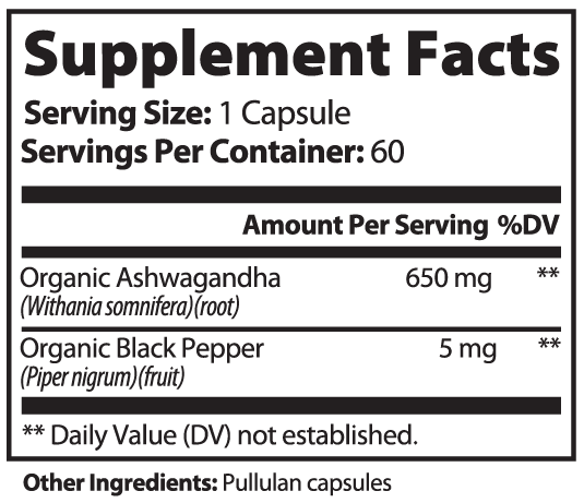Nutrition Label for Senzura Adaptogen+ Ashwagandha and Black Pepper Extract Capsules