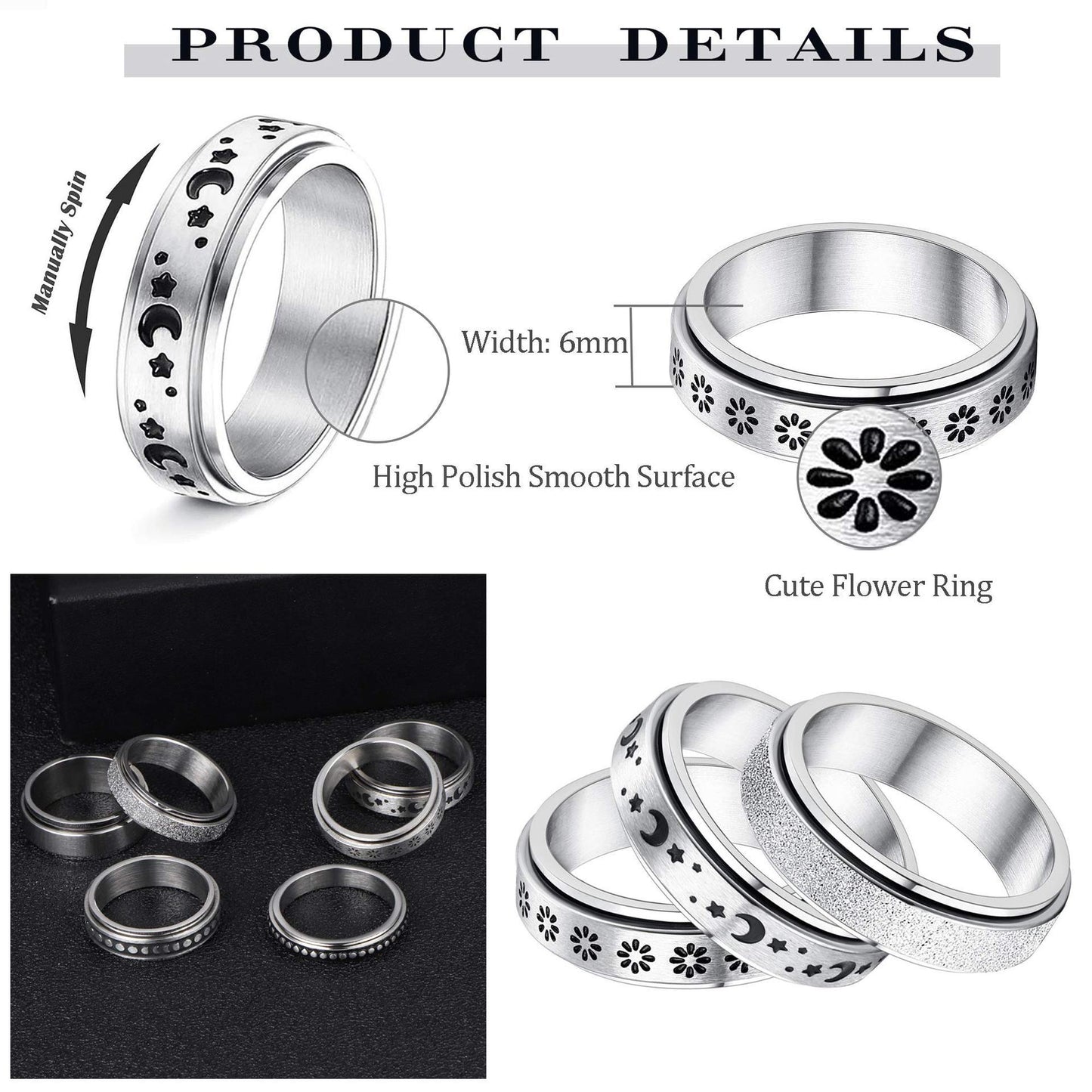 Stainless Steel Spinner Fidget Anxiety Ring for Stress Relief – Moon Star Rotating Band, Anti-Anxiety Ring for Men & Women, Minimalist Stainless Steel Jewelry