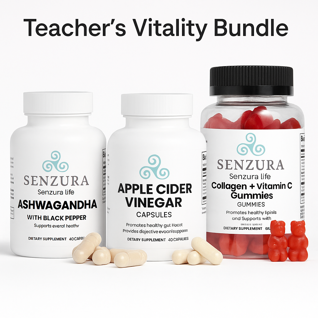 Teacher’s Vitality Bundle – Ashwagandha Stress Relief, Apple Cider Vinegar Metabolism Support & Collagen + Vitamin C Gummi